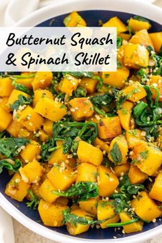 butternut squash and spinach skillet in a blue bowl with text overlay