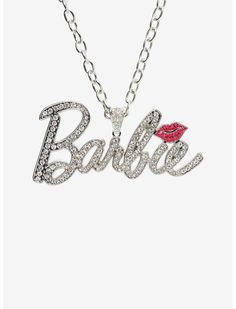 a necklace with the word barbie written on it and a red lipstick in the middle