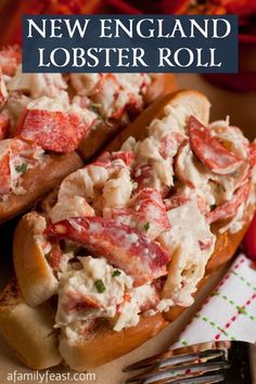 lobster roll with text overlay that says new england lobster roll on it's side