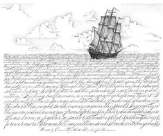 a drawing of a sailboat in the ocean with writing on it's side