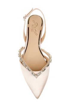 A string of jewels are like a royal crown on the vamp of this pointy-toe flat secured by a slender slingback strap. Adjustable slingback strap with buckle closure Lightly cushioned insole Synthetic or textile upper/synthetic lining/rubber sole Imported Women's Shoes Bridesmaid Shoes Flat, Wedding Flats For Bride, Pink Bridal Shoes, Taupe Wedding, Glamourous Heels, Pink Wedding Shoes, Dressy Flats, Jewel Badgley Mischka, Wedding Shoes Bride