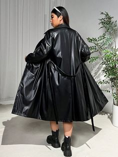 Plus Size Women's Fall/Winter Collegiate Style Casual Party Everyday Wear Black PU Leather Fabric Double-Breasted Lapel Collar Long Sleeve Pockets Lined Belted Trench Coat Black Casual  Long Sleeve PU Leather Plain Regular Non-Stretch Spring/Fall Women Plus Clothing, size features are:Bust: ,Length: ,Sleeve Length: Plus Size Trench Coat, Collegiate Style, Long Coat Jacket, Belted Trench Coat, Raincoats For Women, Trench Coat Black, Outdoor Wear, Casual Party, Leather Fabric