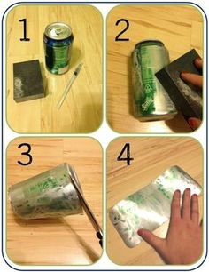 the steps in how to make a diy tissue covered can with paper towels and glue