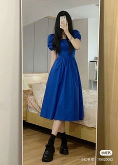 Below Knee Length Dresses, Girly Dress Aesthetic, Short Froke, Vestidos Juveniles Aesthetic, Royal Blue Dress Outfit Casual, Korean Dress Ideas, Korean Frocks, Vestidos Korean Style, Royal Blue Outfit Ideas