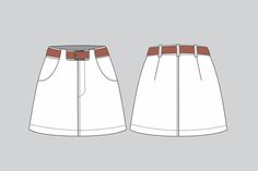 the front and back view of a women's white skirt with brown trims