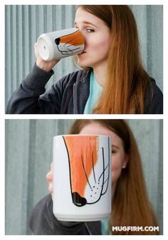 two pictures of a woman drinking from a coffee cup and another photo of a fox mug