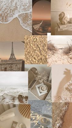 a collage of photos with the eiffel tower in the background and sand on the beach