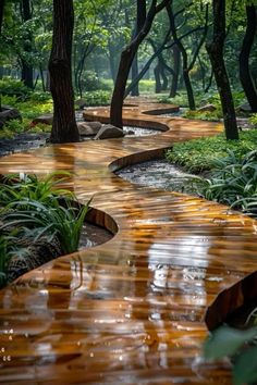 a wooden walkway in the middle of a forest with water flowing down it's sides