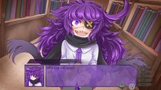 an anime character with purple hair in front of bookshelves and a computer screen