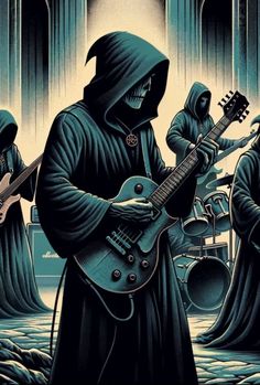 two hooded men playing guitars in front of a stage full of people wearing black robes