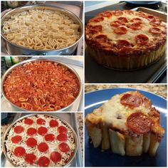 four different types of pizza in pans on the stove top, with pasta and pepperoni