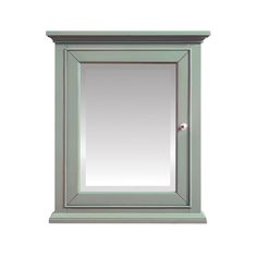 a small green cabinet with a mirror on it