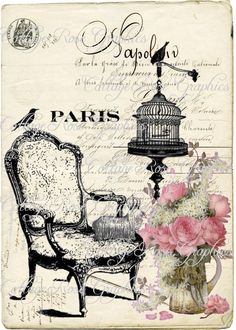 an old fashioned chair with pink flowers and a birdcage on the armrest