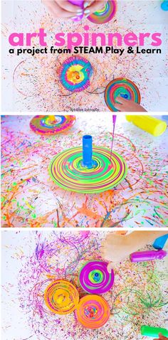 the process to make art spinners for kids is shown in three different pictures, including one