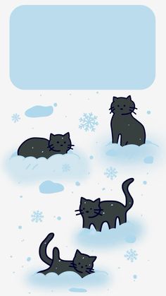 three black cats in the snow, one laying down and one standing on its back