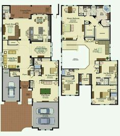 two story house plans with attached garage and living room in the middle, from top to bottom