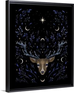 a painting of a deer with antlers on it's head and stars in the background