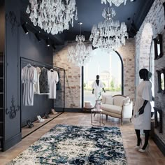 a woman is standing in the middle of a room with chandeliers hanging from the ceiling