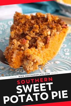 a piece of southern sweet potato pie on a plate with a fork and the title overlay reads southern sweet potato pie