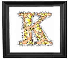 the letter k is made up of butterflies and hearts, with an ornate frame around it