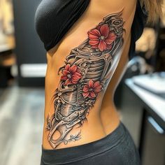 Rib Tattoos For Women Tattoo Blueprint Set Cover Up Tattoos Stomach, Woman Thigh Tattoos Unique, Rib To Thigh Tattoos For Women, Hard Tattoos For Women, Tattoo Side Rib Women, Women Rib Tattoo, Tummy Tucks Tattoo Cover Up, Women Arm Tattoos, Traditional Tattoos Women