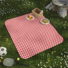 a red and white checkered picnic blanket with food on it