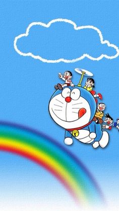 cartoon characters flying in the sky above a rainbow