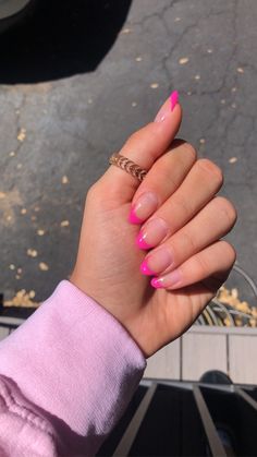 Preppy Pink French Tip Nails, Pink Tips Almond Nails, Preppy Nails Almond Shape, Almond Nails Pink Tip, Almond Pink Tip Nails, Pink Almond Tip Nails, French With Pink Tips, French Nails With Pink Tips, Hot Pink French Tips Almond