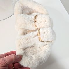 Nwt H&M Faux Fur Sandals Cream Color Size Us 7 Eur 38 Very Soft Faux Fur Foot Strap With Medal Buckles Heel Strap Thick Foam Sole, Flutes Underneath Tag Lounging Cozy Comfy Gold Slippers, Faux Fur Sandals, Fur Sandals, Ballerina Slippers, Fur Shoes, Black Slides, Pink Faux Fur, Nike Sweater, Buckled Heels