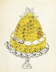 a drawing of a yellow cake on top of a plate with flowers and pearls around it