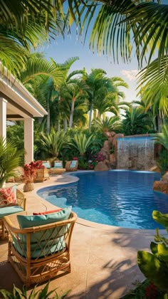 an outdoor pool surrounded by palm trees and water features a waterfall in the distance, with wicker chairs around it