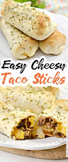 easy cheesy taco sticks on a plate with text overlay that reads easy cheesy taco sticks