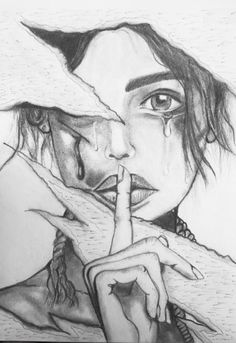 a drawing of a woman holding her finger to her mouth