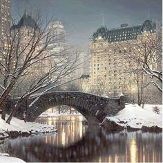 a bridge over a body of water in the middle of a snow covered city at night