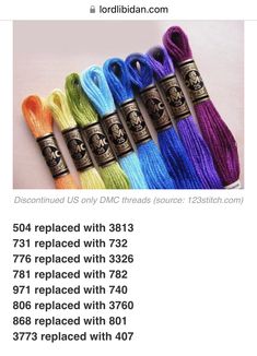 four skeins of multicolored thread with numbers on each side and the words,