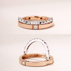 three different types of wedding rings with diamonds on each side and in the middle, there is