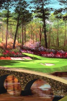 a painting of a golf course with a bridge and flowers on the ground in the background