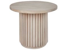 a round wooden table with vertical slats on the top and bottom, standing upright