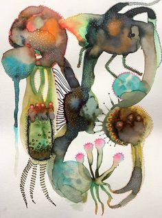 watercolor painting of an octopus and other sea creatures