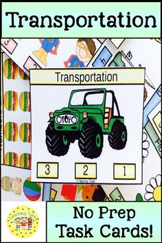 a green monster truck with the words transportation on it, and no prep task cards