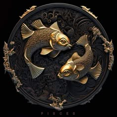 two gold fish on a black background with swirls and scrolls in the shape of a circle