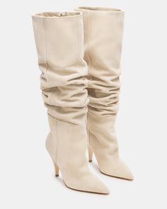 Experience timeless style and ultimate comfort with our BELLAMIE knee-high boot. Featuring a pointed toe and scrunched design, these boots are sure to elevate any outfit. These boots are both fashionable and functional. Perfect for any occasion, these boots are a must-have in your wardrobe. 3.5 inch heel height  16.5 i Cream Suede Boots Outfit, Scrunched Boots, Cream Boots Outfit, Woman Code, Beige Knee High Boots, Suede Boots Outfit, Cream Colored Heels, Beige Suede Boots, Women Heel Boots