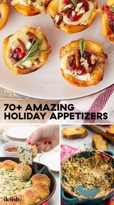 several different images of appetizers with text overlay that reads 70 + amazing holiday appetizers