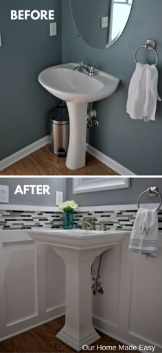 before and after photos of a bathroom remodel with white pedestal sink, gray walls and wood flooring