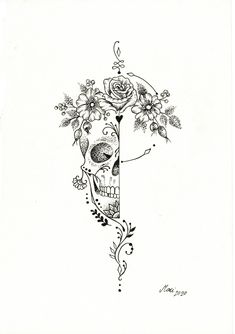 a drawing of a skull with flowers on it's head and the letter t