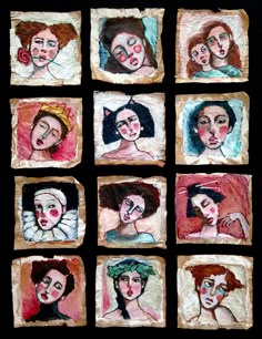 nine paintings of women with different facial expressions on them, each painted in acrylic and colored pencils