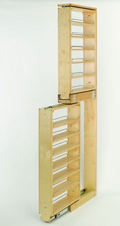 two wooden shelving units on wheels against a white background