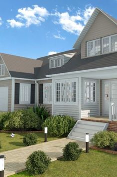 Exterior design of a single family house with covered porch and garage.