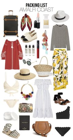 the packing list is filled with items for travel and it includes clothing, hats, sunglasses,