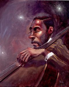 a painting of a man holding a cello